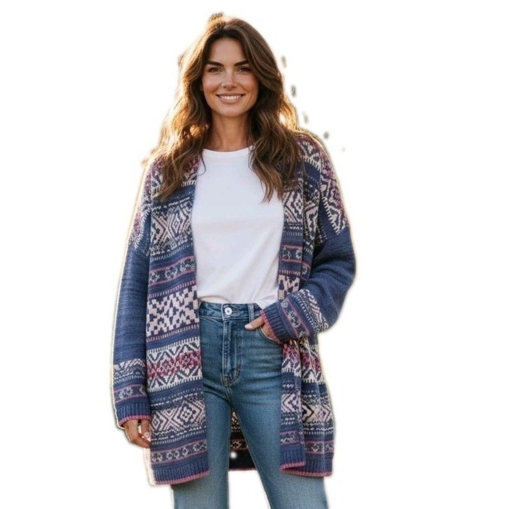 Chaps Women's Open Cardigan Blue Southwest Western Boho Geometric Print SZ XL